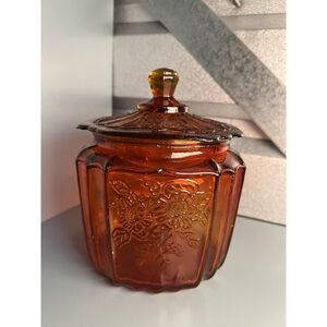Vintage 7" Amberina Glass Candy Jar / Cookie Jar with Floral Design & Lid